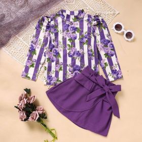 Toddler Girl Purple Rose Print Girls Outfit, Spring Fall Stripe Top With Belt Skirts Set Holiday Going Out Clothes (Option: Purple-6Y)