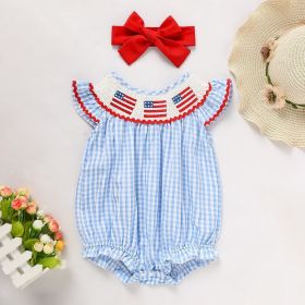 Baby Girls Independence Day Outfit 4th Of July American Flag Embroidery Smocked Bubble Romper With Headband (Option: Blue-3to6 Months)