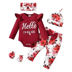Newborn Baby Girl 'Hello I'm New Here' Romper Set Includes Floral Pants, Hat, Headband, & Coming Home Outfit (Option: Red-1to3 Months)