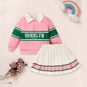 Toddler Girls 2 Piece Outfit Colorblock Letter Graphic Print Sweatshirt And Pleated Skirt Set (Option: Pink-5Y)