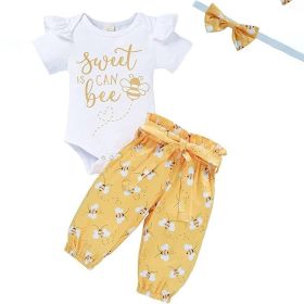 Infant Baby Girl Sweet Bee Outfits Letter Print Romper Honey Bees Pants Bowknot Headband Clothes Set (Option: Yellow-3to6Months)