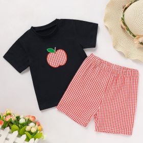 Toddler Baby Boy Back To School Outfit Summer Applique T-Shirt & Red Gingham Shorts Set (Option: Blue-6Y)