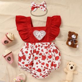 Baby Newborn Comfortable Romper, Sweet Heart & Bow Print Onesie With Ruffle Trim And Snap Closure (Option: Red-6to9 Month)