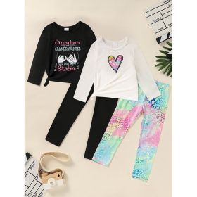 Kid's 'Grandma And Granddaughter' Letter & Heart Print Long Sleeve Top & Pants Set, 2 Sets Comfy Loungewear Outfit (Option: Black White-5Y)