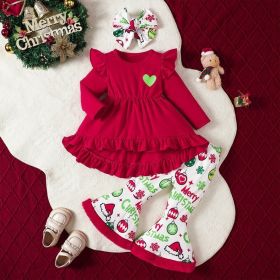 Toddler Girl's 2-Piece Set Round Neck Long Sleeve Ruffle Hem Tunic Top & Print Flare Pants For Spring & Fall (Option: Red-1to2 Years)