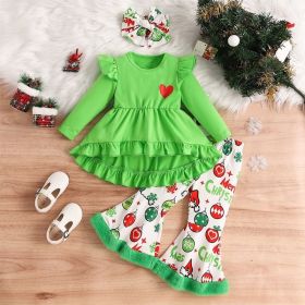 Toddler Girl's 2-Piece Set Round Neck Long Sleeve Ruffle Hem Tunic Top & Print Flare Pants For Spring & Fall (Option: Green-3to4 Years)