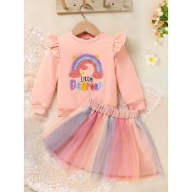 Baby Girls Rainbow Skirt Set Letters Embroidery Long Sleeve Sweatshirt Tops & Rainbow Tutu Skirt Outfits (Option: Pink-6to9 Months)