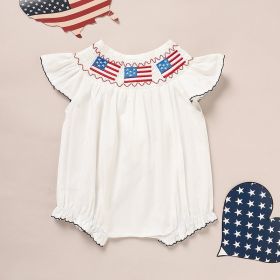 Baby Girl 4th Of July Bubble Romper, Smocked Fly Sleeve Bodysuit With American Flag Embroidery (Option: White-12to18 Months)
