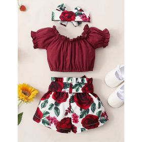 3pcs Summer Baby Outfit Set Short Sleeve Solid Color Top Shirts & Floral Short Shorts & Headband Clothes (Option: Wine Red-3to6 Months)