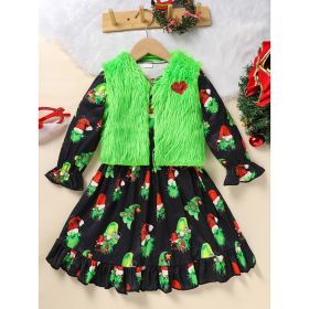 Toddler Kids Baby Girl Christmas Dress Outifts, Long Sleeves Cartoon Prints Party Dress With Heart Print Vest Coat Xmas Clothes Set (Option: Black-5Y)