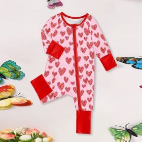 Baby Girl's Casual Romper, Heart Print Round Neck Long Sleeve Zip-Up Playsuit For Outdoor Wear (Option: Red-3to6 Month)