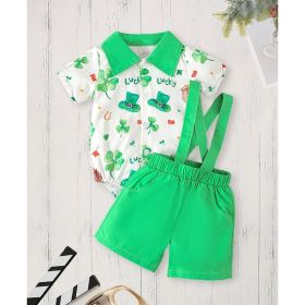 Newborn Baby Boy St. Patrick's Day Clothes Short Sleeve Clover Print Romper & Suspenders Pant 2Pcs Casual Clothes Set (Option: Green-9to12 Months)