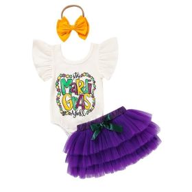Baby Girls' Mardi Gras Outfit Set Ruffle Sleeve Letter Print Bodysuit, Mesh Tutu Skirt & Hairband (Option: White-3to6 Months)
