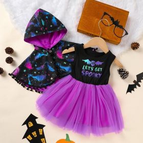 Little Girls 2Pcs Halloween Outfits Sleeveless Tulle Dress With Hooded Cloak Set Clothes (Option: Black-3Y)