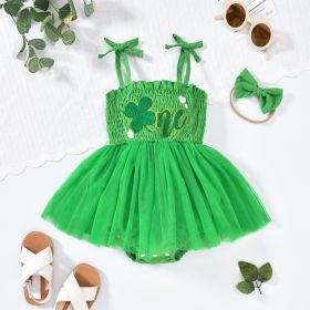 Baby Girl's Clover Embroidered Dress & Headband Set, Sleeveless Ruffle Romper With Tulle Skirt (Option: Green-12to18 Month)