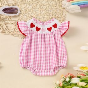 Baby Girl's Short Sleeve Checkered Romper Heart Embroidery & Ruffle Detail With Back Cut-Out And Snap Closure (Option: Pink-3to6 Month)