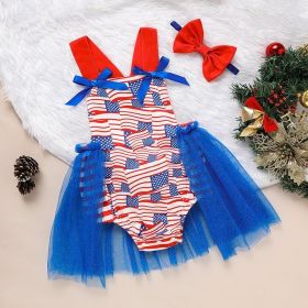 Baby's Independence Day Style Flag Pattern Triangle Bodysuit, Casual Sleeveless Bowknot Romper (Option: Blue-9to12 Months)