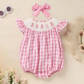 Baby Girl's Cute Bunny Romper Set, Cap Sleeve Bunny Embroidery Outfit With Headband - Pink Checkered Playsuit (Option: Pink-12to18 Month)