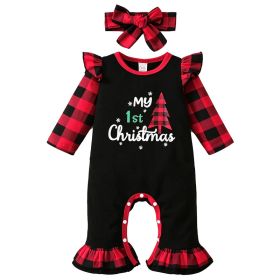 Infant Baby Girl Boy Christmas Jumpsuit Romper  Christmas Long Sleeve Plaid Checked Patchwork Bodysuit With Headband, Fall Winter One Piece Cloth (Option: 70)