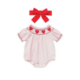 Newborn Baby Girls' Valentine's Day Smocked Romper Short Sleeve Heart Embroidery Jumpsuit Casual Cute Romper (Option: Pink-3to6 Months)