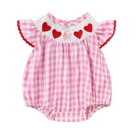 Newborn Baby Girls' Valentine's Day Smocked Romper Ruffle Sleeve Plaid Heart Embroidery Jumpsuit Casual Cute Romper (Option: Pink-3to6 Months)
