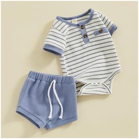 Baby Boy Summer Clothes Button Short Sleeve Romper Bodysuit Shorts Set Infant Soft Waffle Outfit (Option: 80)