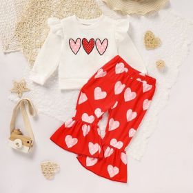 Toddler Girl's Heart Print 2-Piece Set, Crewneck Long Sleeve Ruffle Top & Flare Leg Pants (Option: White-12to18 Month)