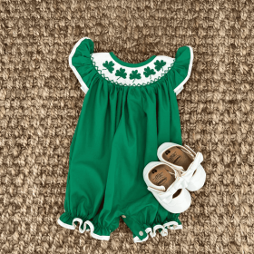 Baby Short Sleeve Romper With Clover Embroidery, Ruffle Trim Playsuit For Summer Vacation (Option: Green-6to9 Month)
