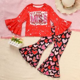 Toddler's Girl's Cute Baby Set, Sweetheart Red Long Sleeve Top With Heart Print Flare Pants For Spring Fall (Option: Red-2to3 Year)