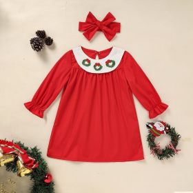 Toddler Kids Baby Girls Christmas Dress Christmas Wreath Embroidered Party Dresses With Headband (Option: Red-18to24 Months)