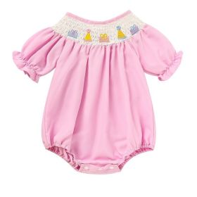 Infant Girls' Cute Birthday Smocked Bubble Romper Short Sleeves Crew Neck Cartoon Embroidery Princess Party Romper Bodysuit (Option: Pink-6to9 Months)