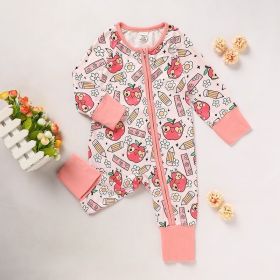 Adorable Infant Romper For Back To School Apple And Pencil Print Long Sleeve Jumpsuit Outfit (Option: Pink-3to6 Months)