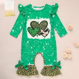 Newborn Baby Girl Romper, Green Clover & Leopard Print Ruffle Sleeve Round Neck Onesie With Flare Legs (Option: Green-3to6 Month)