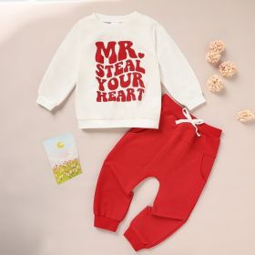Toddler Baby Tracksuit 2 Piece Set, Fall Winter Long Sleeve Letter Print Pullover With Drawstring Pants For Infants (Option: White-6to9 Month)