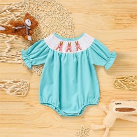 Baby Girl Comforable Bunny Romper Set, Bubble Sleeve Onesie With Bow Rabbit Embroidery (Option: Green-9to12 Month)