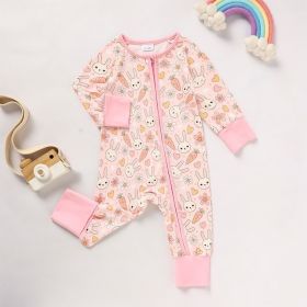 Baby Girl's Cute Bunny Romper, Rabbit Carrot Print Zip-Up Long Sleeve Onesie For Holiday And Outdoor Wear (Option: Pink-6to9 Month)