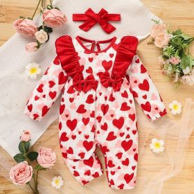 Baby Valentine's Day Romper, Heart Print Long Sleeve Bodysuit With Bow And Ruffle Trim (Option: Red-6to9 Month)