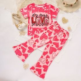 Toddler Girl's Heart & Letter Print 2-Piece Set, Crew Neck Short Sleeve T-Shirt With Flare Leg Pants For Summer (Option: Red-5 Year)