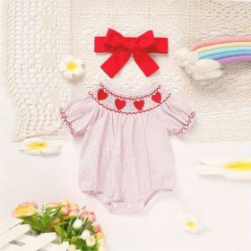 Baby Girl's Short Sleeve Pink Romper, Polka Dot Pattern With Heart Embroidery And Ruffle Detail (Option: Pink-3to6 Month)