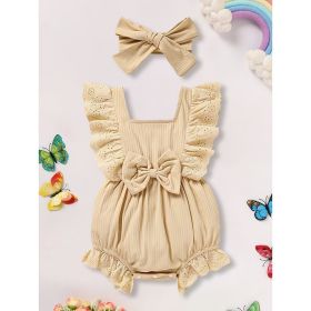 Infant Baby Girl Solid Color Square Neck Bow Onesie & Headband Adorable Summer Outfit (Option: Beige-3to6Months)