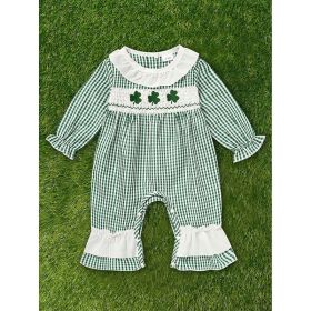 Ewborn Baby Girls Green Plaid Four-leaf Clover Allover Print One-piece Long Sleeve Bodysuit (Option: Green-6to9 Months)