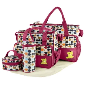 5PCS Baby Nappy Diaper Bags Set Mummy Diaper Shoulder Bags W/ Nappy Changing Pad Insulated Pockets Travel Tote Bags (Option: Red)