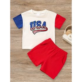 Infant Baby Boy 4th Of July Outfit Set USA Letter Print Color Block T-Shirt & Shorts For Independence Day Celebration (Option: Red-2to3 Years)